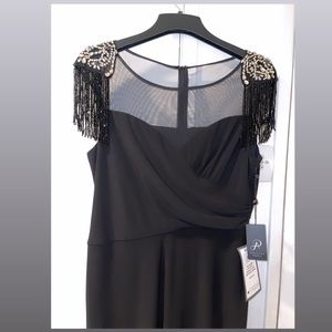 Adrianna Papell womens black fringe sequin beaded mesh wide leg  jumpsuit